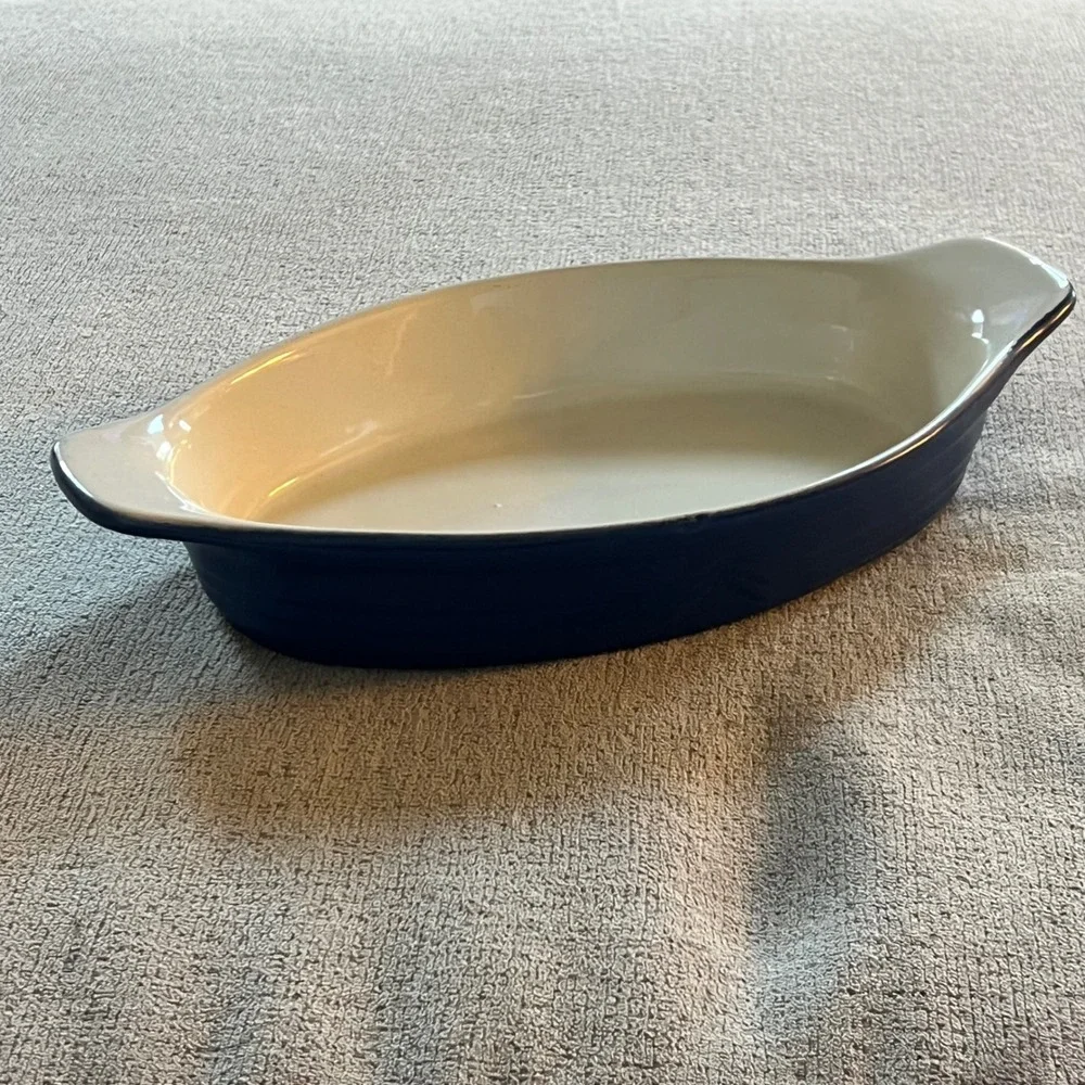 Vintage Cobalt Blue Cream Oval Stoneware Au Gratin Baking Dish Ceramic 13.5 Inch